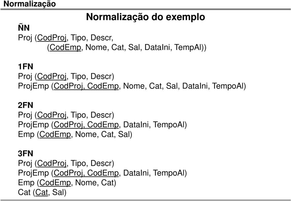 2FN ProjEmp (CodProj, CodEmp, DataIni, TempoAl) Emp (CodEmp, Nome, Cat, Sal) 3FN