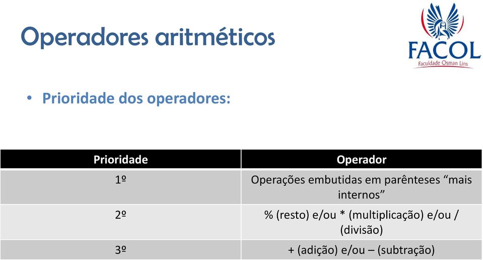 parênteses mais internos 2º % (resto) e/ou *