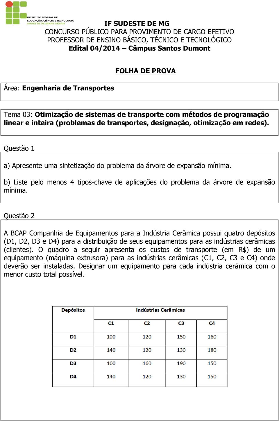 Questão 2 A BCAP Companhia de Equipamentos para a Indústria Cerâmica possui quatro depósitos (D1, D2, D3 e D4) para a distribuição de seus equipamentos para as indústrias cerâmicas (clientes).