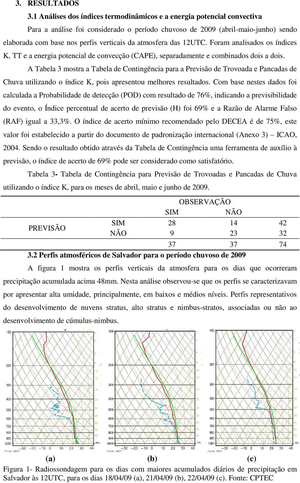 atmosfera das 12UTC. Foram analisados os índices K, TT e a energia potencial de convecção (CAPE), separadamente e combinados dois a dois.