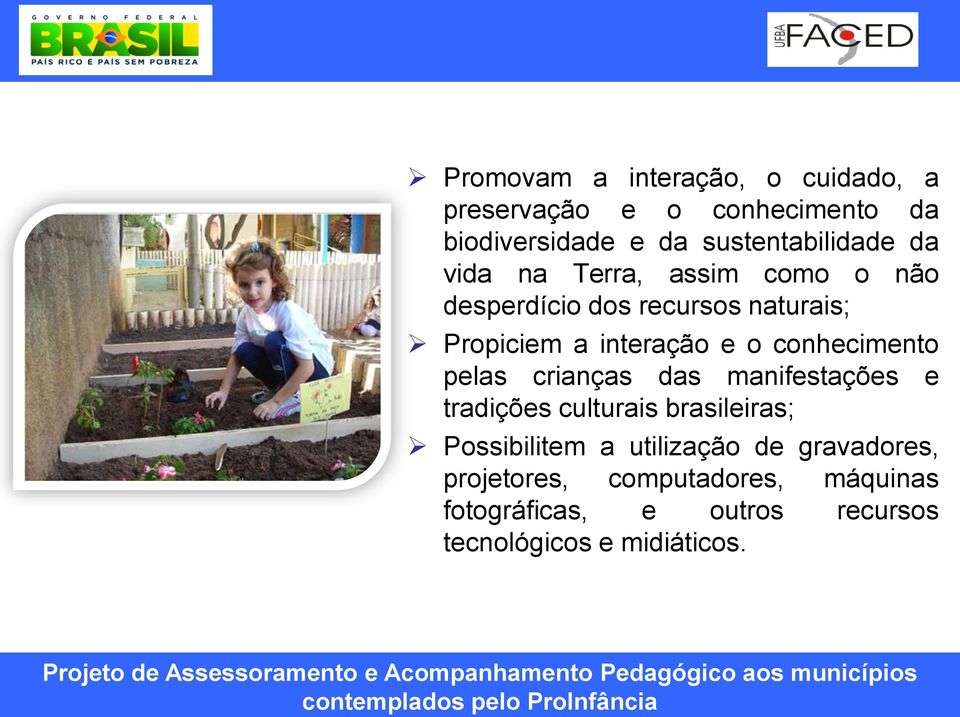 conhecimento pelas crianças das manifestações e tradições culturais brasileiras; Possibilitem a