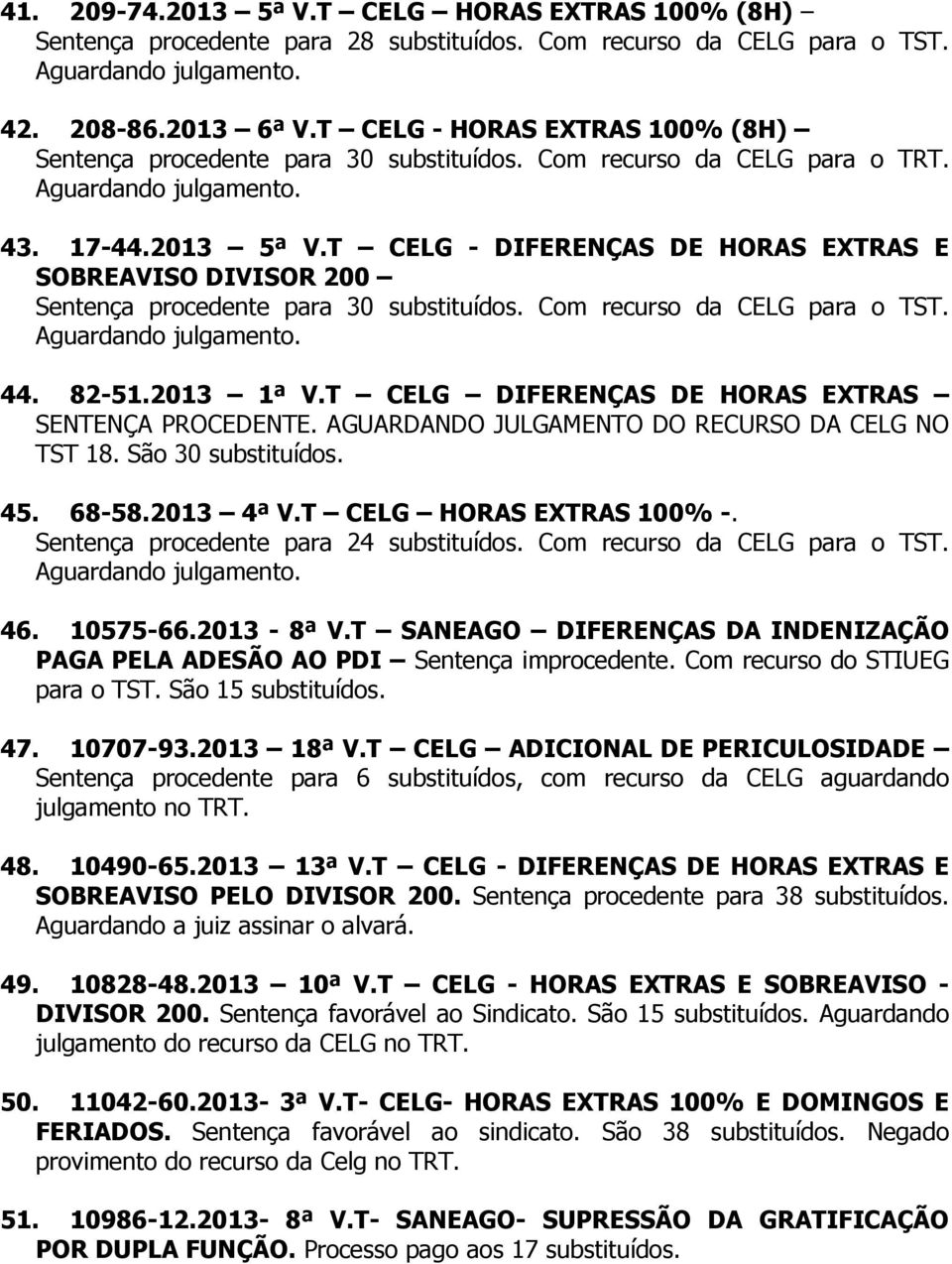 T CELG - DIFERENÇAS DE HORAS EXTRAS E SOBREAVISO DIVISOR 200 Sentença procedente para 30 Com recurso da CELG para o TST. Aguardando julgamento. 44. 82-51.2013 1ª V.
