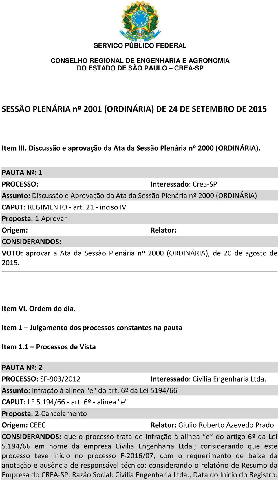 21 - inciso IV Origem: CONSIDERANDOS: Relator: VOTO: aprovar a Ata da Sessão Plenária nº 2000 (ORDINÁRIA), de 20 de agosto de 2015. Item VI. Ordem do dia.