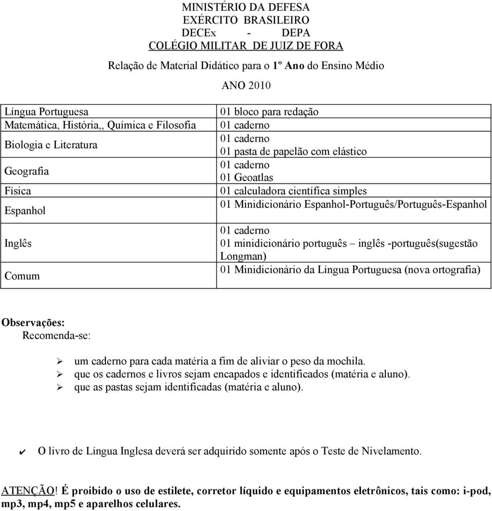 Espanhol-Português/Português-Espanhol 01 caderno 01 minidicionário português inglês -português(sugestão Longman) 01 Minidicionário da (nova ortografia) Observações: Recomenda-se: um caderno para cada