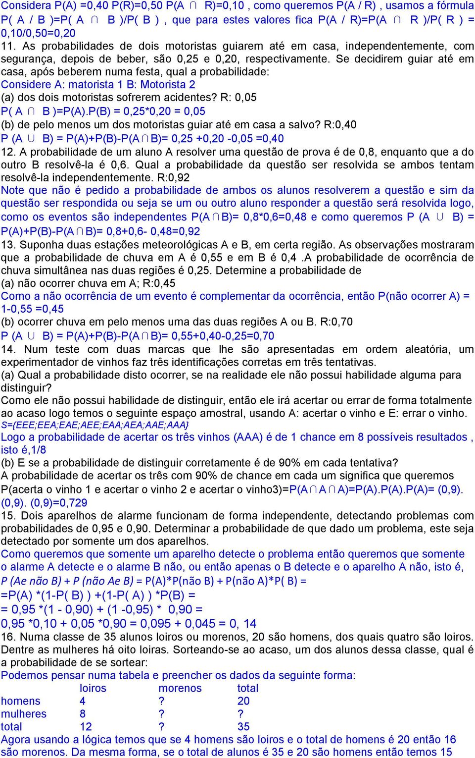 Se decidirem guiar até em casa, após beberem numa festa, qual a probabilidade: Considere A: matorista 1 B: Motorista 2 (a) dos dois motoristas sofrerem acidentes? R: 0,05 P( A B )=P(A).