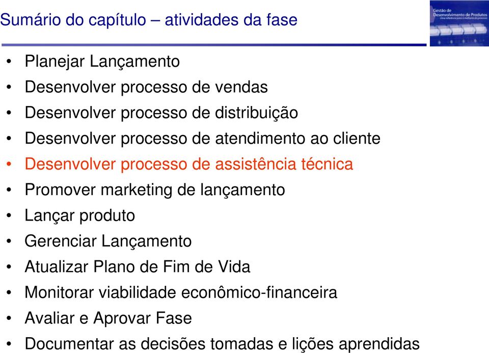 produto Gerenciar Lançamento Atualizar Plano de Fim de Vida Monitorar viabilidade