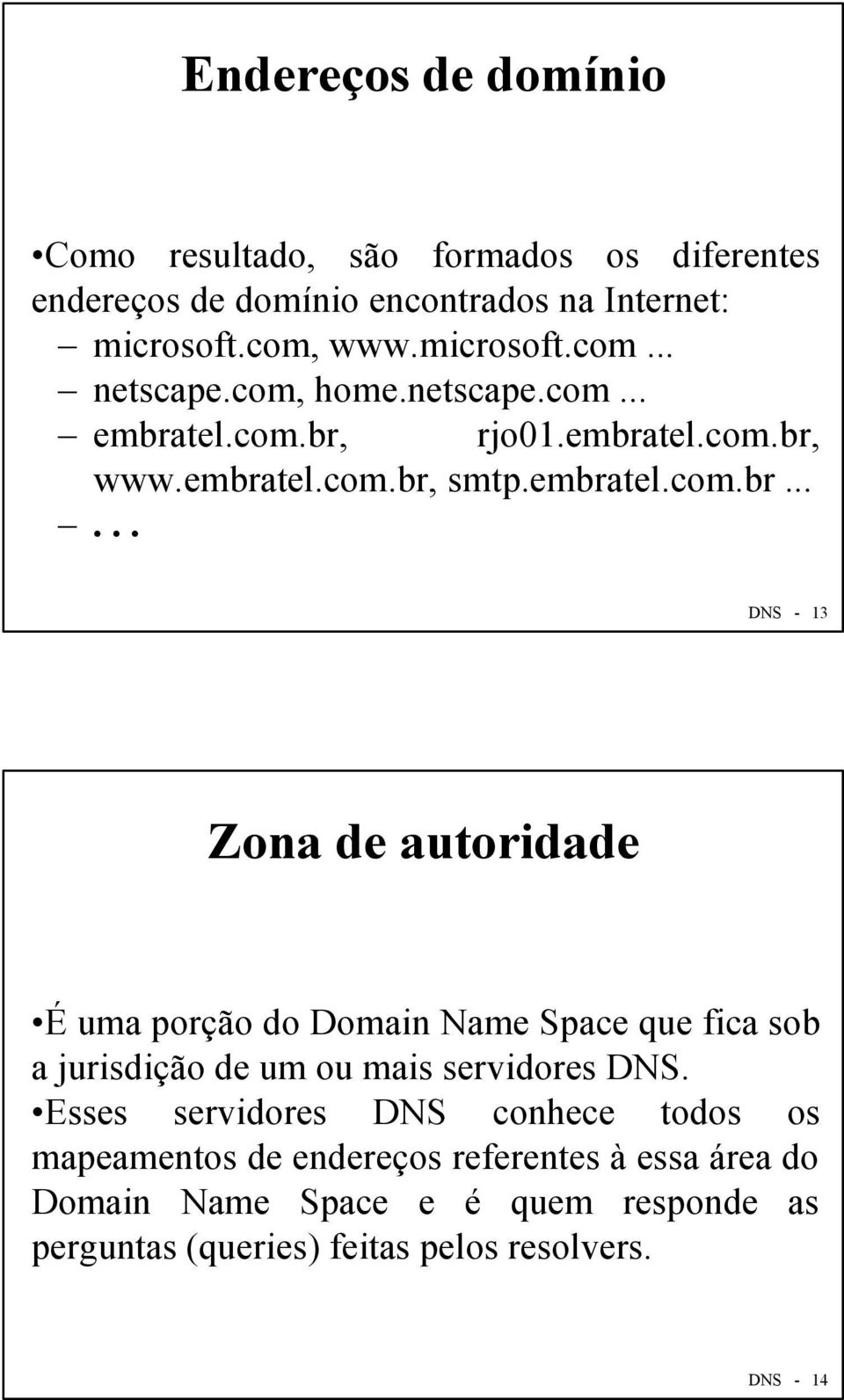 tel.com.br, rjo01.embratel.com.br, www.embratel.com.br, smtp.embratel.com.br...... DNS - 13 Zona de autoridade É uma porção do Domain Name Space que fica sob a jurisdição de um ou mais servidores DNS.
