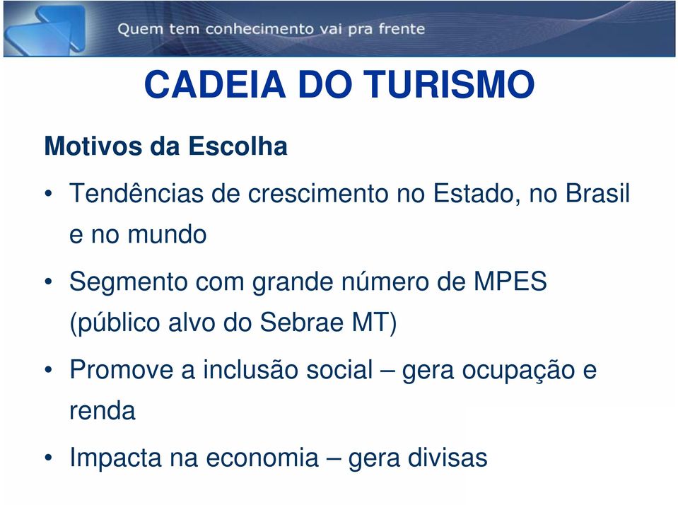 grande número de MPES (público alvo do Sebrae MT) Promove a