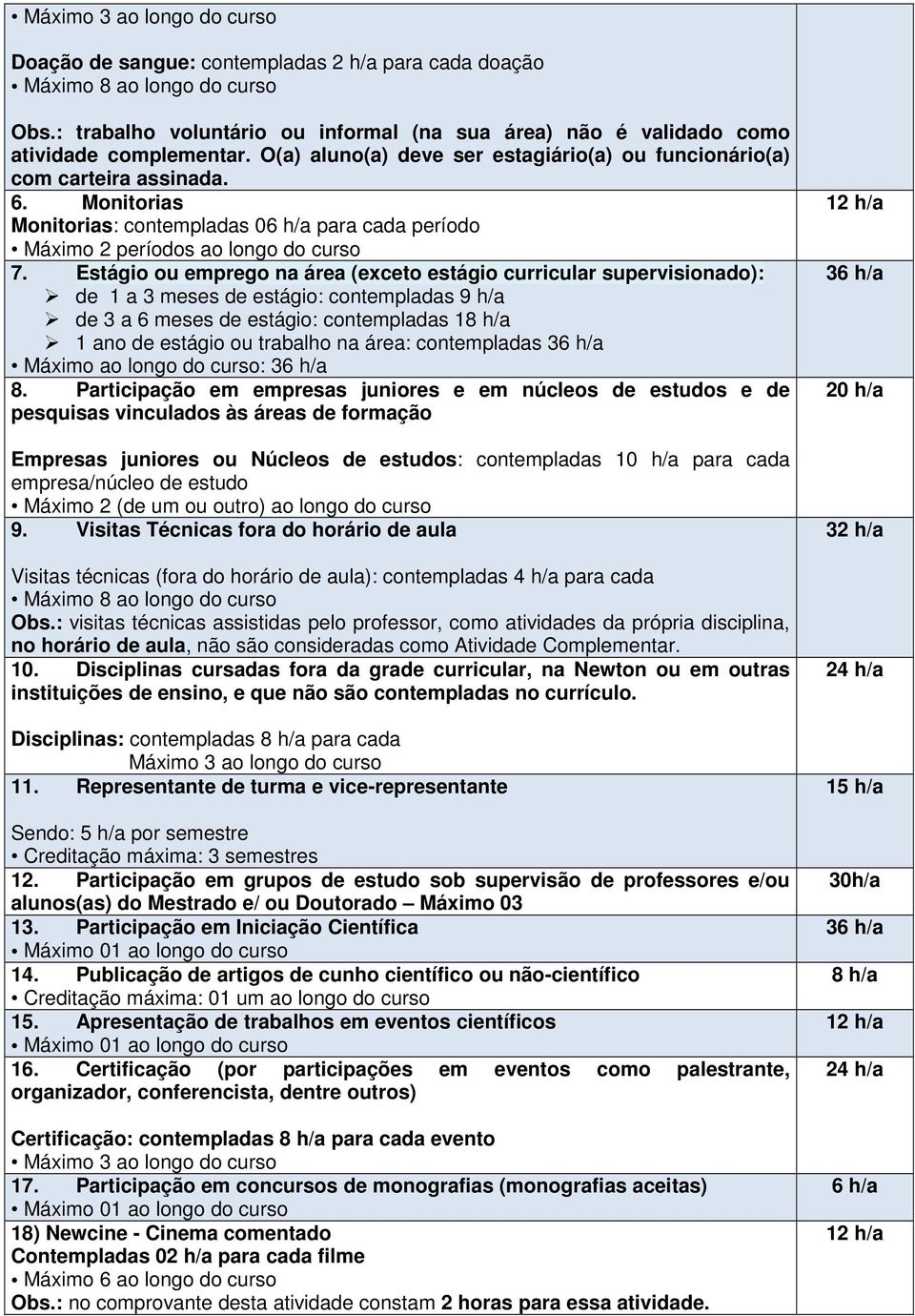 Monitorias Monitorias: contempladas 06 h/a para cada período Máximo 2 períodos ao longo do curso 7.