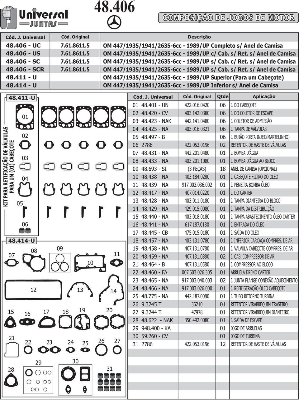 s/ Anel de Camisa OM 447/1935/1941/2635-6cc - 1989/UP Superior (Para um Cabeçote) OM 447/1935/1941/2635-6cc - 1989/UP Inferior s/ Anel de Camisa PARA UM () CABEÇOTE 48.4-U 17 18 19 20 21 48.