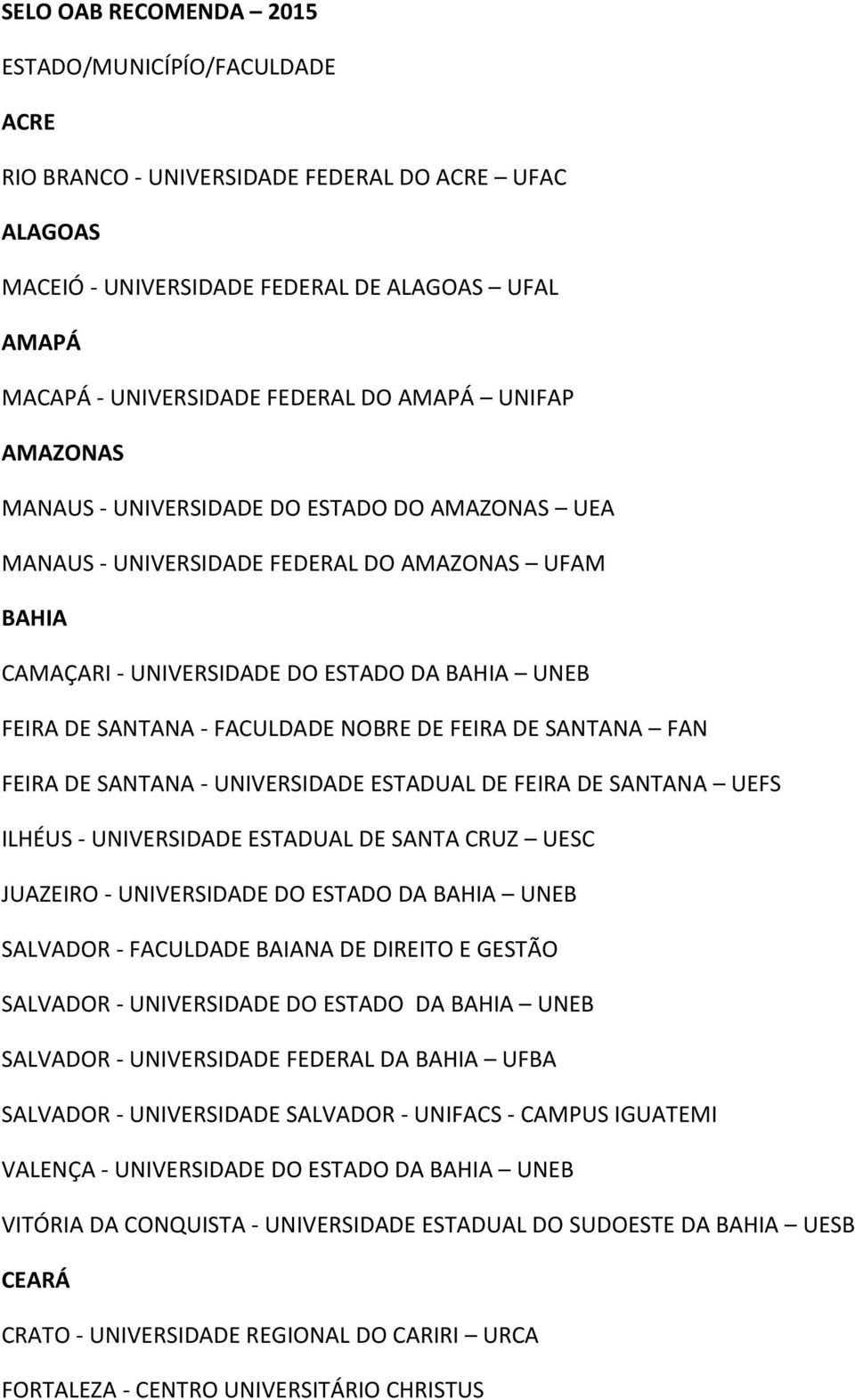 NOBRE DE FEIRA DE SANTANA FAN FEIRA DE SANTANA - UNIVERSIDADE ESTADUAL DE FEIRA DE SANTANA UEFS ILHÉUS - UNIVERSIDADE ESTADUAL DE SANTA CRUZ UESC JUAZEIRO - UNIVERSIDADE DO ESTADO DA BAHIA UNEB