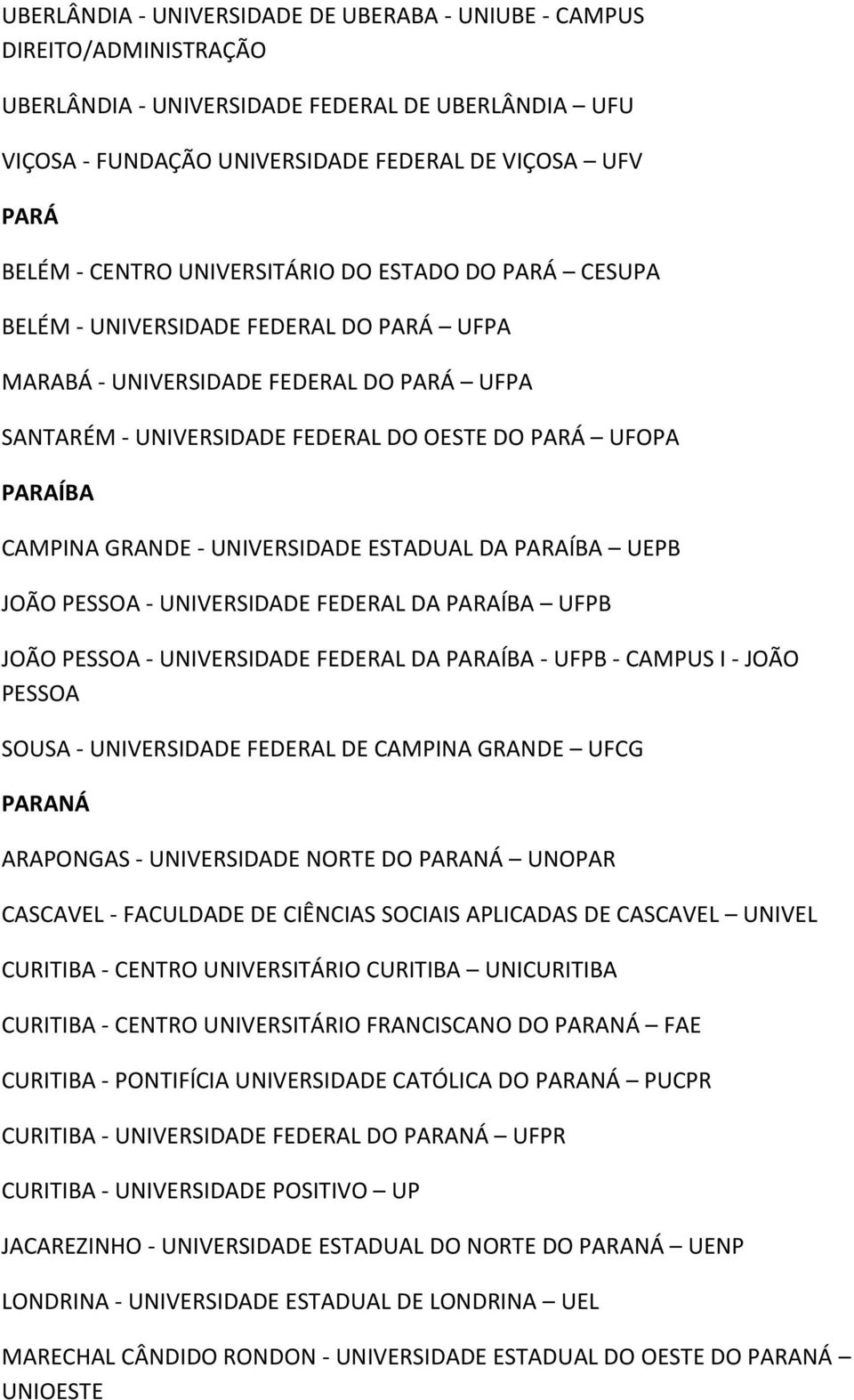 CAMPINA GRANDE - UNIVERSIDADE ESTADUAL DA PARAÍBA UEPB JOÃO PESSOA - UNIVERSIDADE FEDERAL DA PARAÍBA UFPB JOÃO PESSOA - UNIVERSIDADE FEDERAL DA PARAÍBA - UFPB - CAMPUS I - JOÃO PESSOA SOUSA -