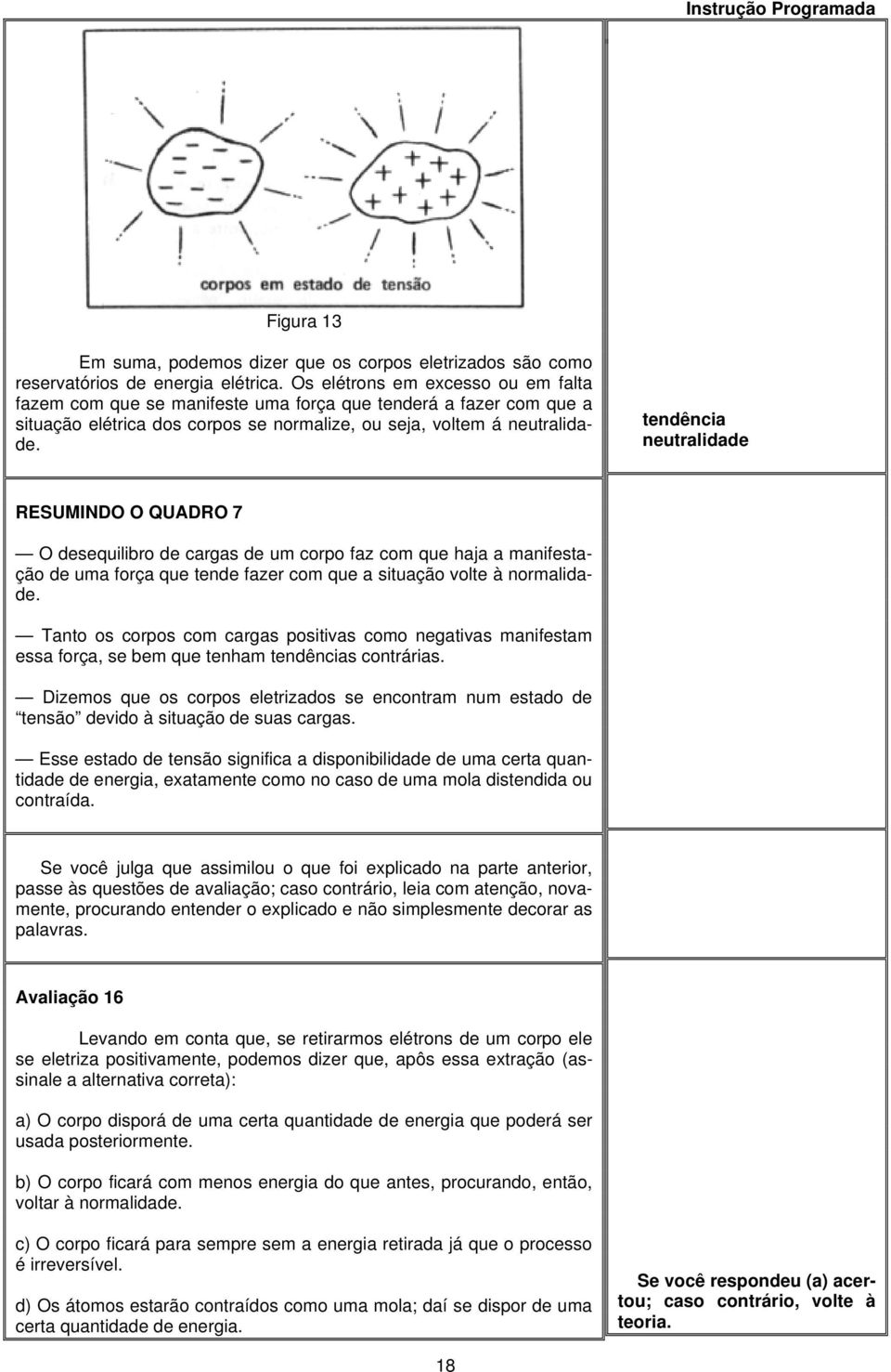 tendência neutralidade RESUMINDO O QUADRO 7 O desequilibro de cargas de um corpo faz com que haja a manifestação de uma força que tende fazer com que a situação volte à normalidade.