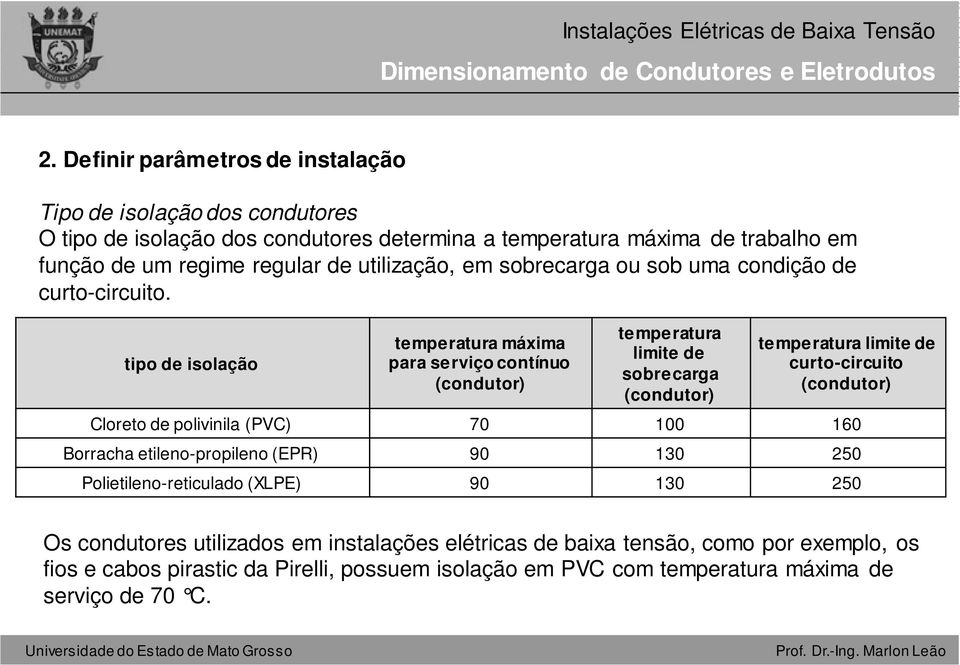 tipo de isolação temperatura máxima para serviço contínuo (condutor) temperatura limite de sobrecarga (condutor) temperatura limite de curto-circuito (condutor) Cloreto de