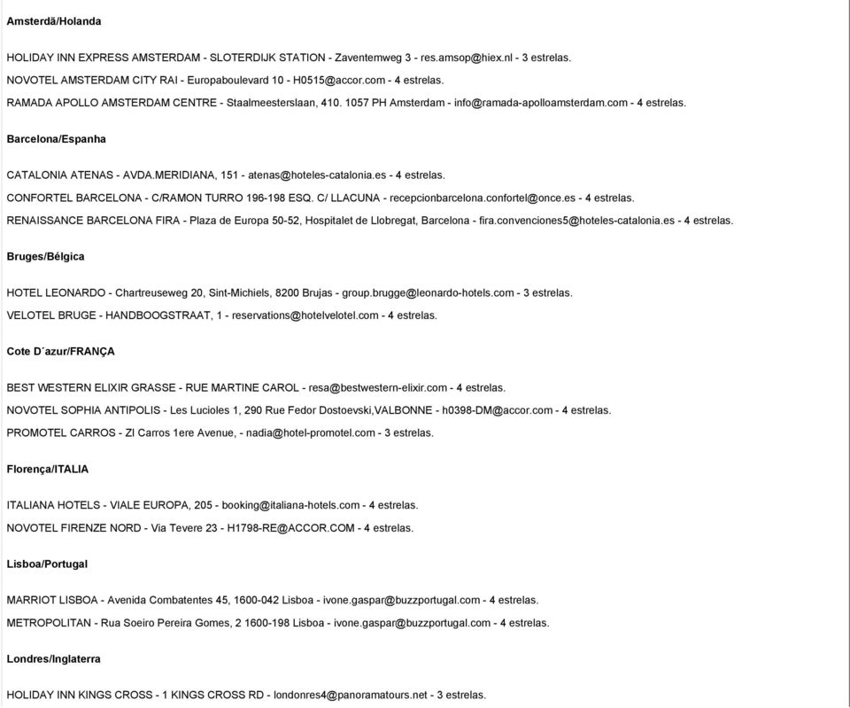 MERIDIANA, 151 - atenas@hoteles-catalonia.es - 4 estrelas. CONFORTEL BARCELONA - C/RAMON TURRO 196-198 ESQ. C/ LLACUNA - recepcionbarcelona.confortel@once.es - 4 estrelas. RENAISSANCE BARCELONA FIRA - Plaza de Europa 50-52, Hospitalet de Llobregat, Barcelona - fira.