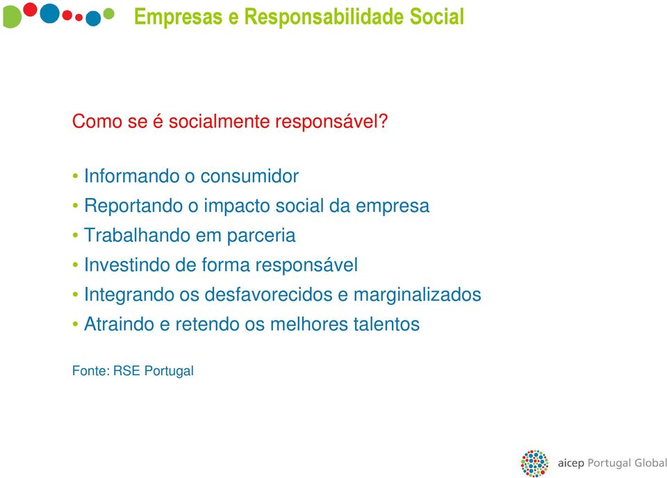 Trabalhando em parceria Investindo de forma responsável Integrando os