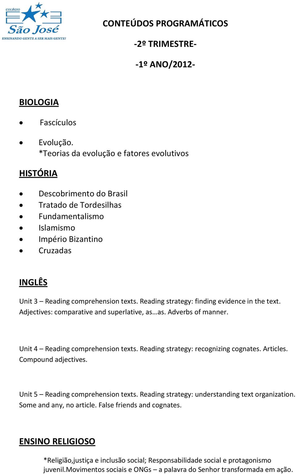 Reading strategy: finding evidence in the text. Adjectives: comparative and superlative, as as. Adverbs of manner. Unit 4 Reading comprehension texts. Reading strategy: recognizing cognates. Articles.