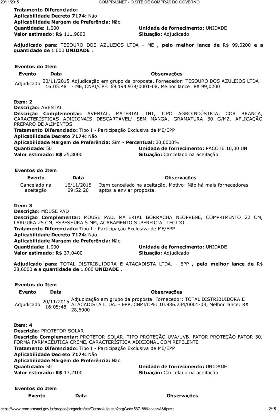 934/0001 08, Melhor lance: R$ 99,0200 Item: 2 Descrição: AVENTAL Descrição Complementar: AVENTAL, MATERIAL TNT, TIPO AGROINDÚSTRIA, COR BRANCA, CARACTERÍSTICAS ADICIONAIS DESCARTÁVEL/ SEM MANGA,