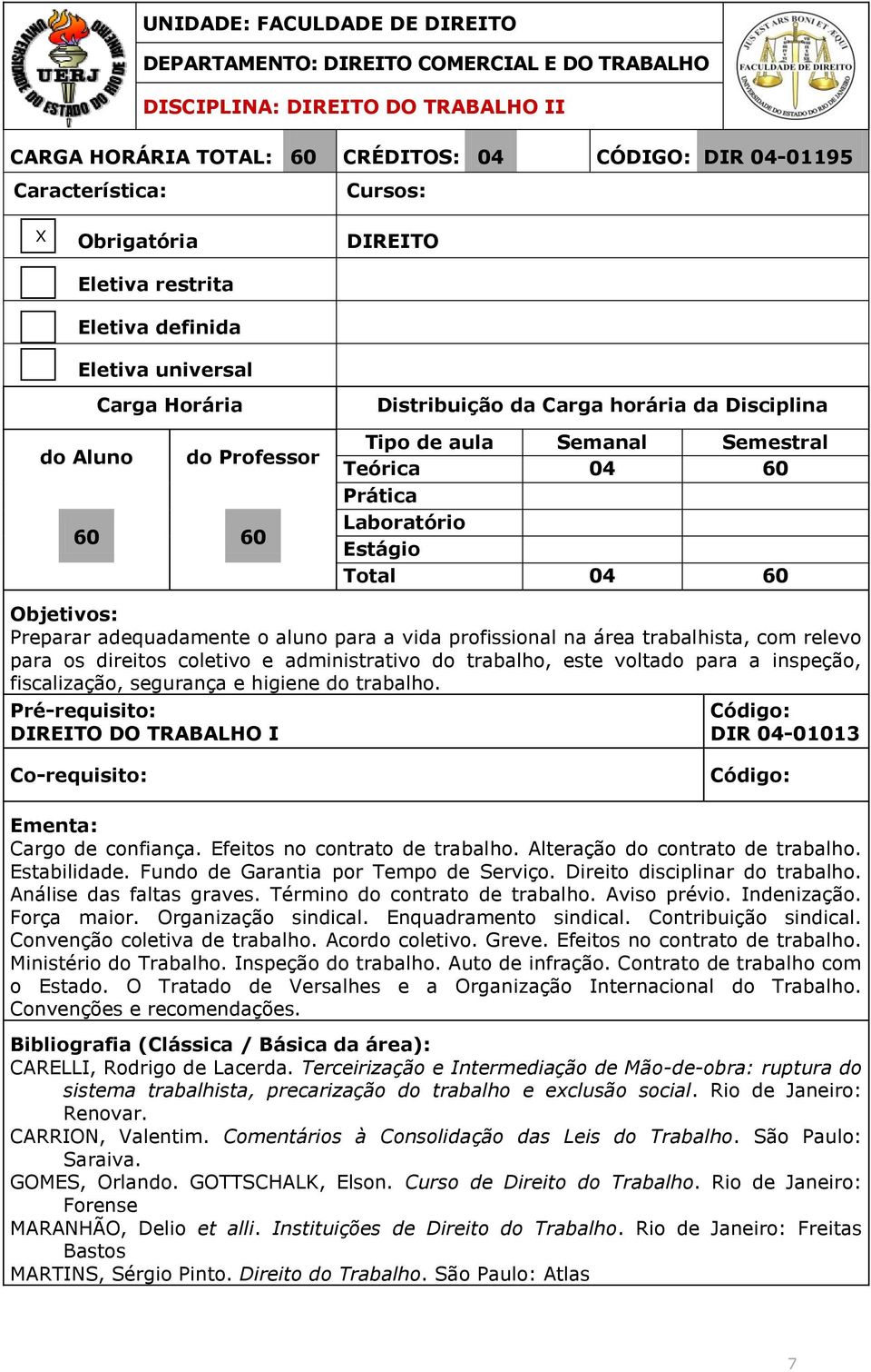 Alteração do contrato de trabalho. Estabilidade. Fundo de Garantia por Tempo de Serviço. Direito disciplinar do trabalho. Análise das faltas graves. Término do contrato de trabalho. Aviso prévio.