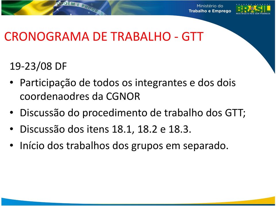 Discussão do procedimento de trabalho dos GTT; Discussãodos