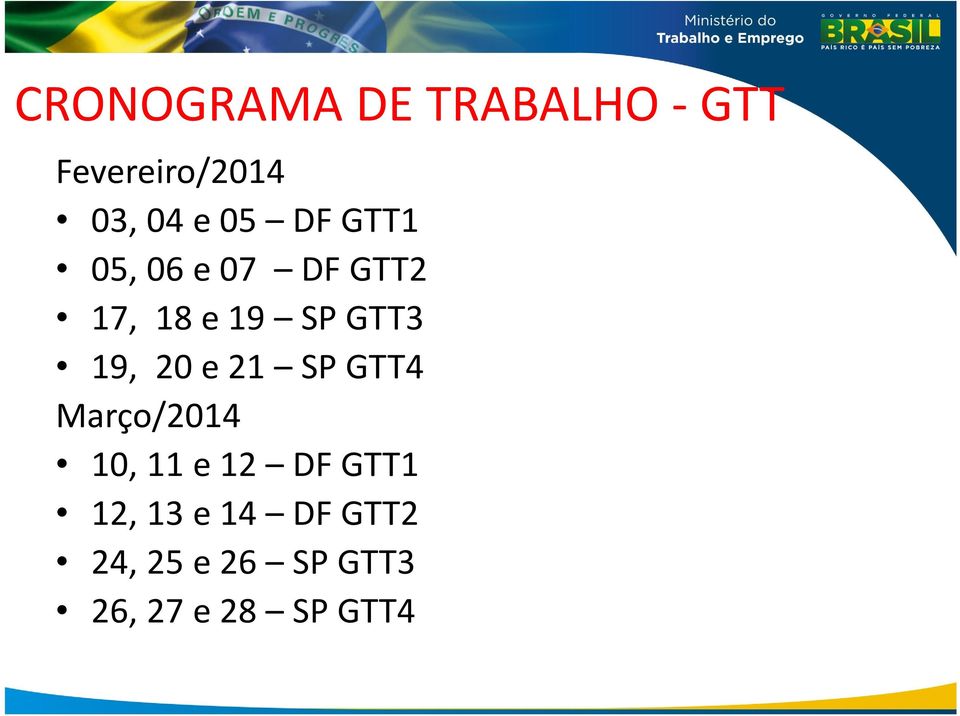 19, 20 e 21 SP GTT4 Março/2014 10, 11 e 12 DF GTT1