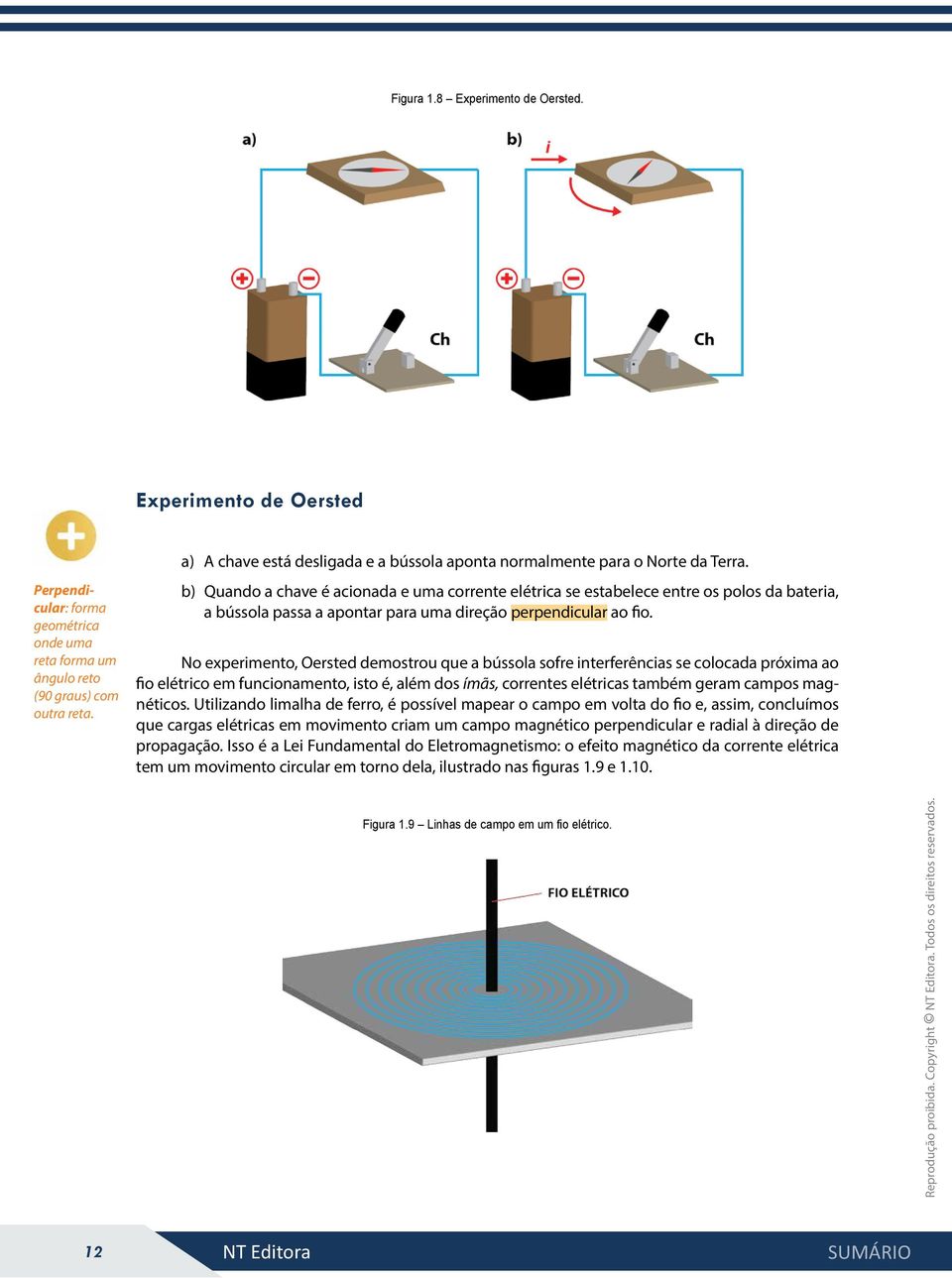 b) Quando a chave é acionada e uma corrente elétrica se estabelece entre os polos da bateria, a bússola passa a apontar para uma direção perpendicular ao fio.