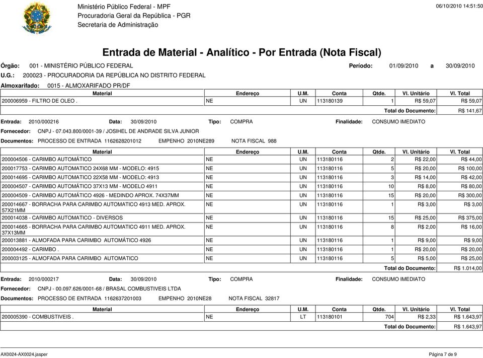 200017753 - CARIMBO AUTOMATICO 24X68 MM - MODELO: 4915 NE UN 113180116 5 R$ 20,00 R$ 100,00 200014695 - CARIMBO AUTOMATICO 22X58 MM - MODELO: 4913 NE UN 113180116 3 R$ 14,00 R$ 42,00 200004507 -