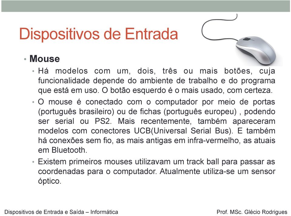O mouse é conectado com o computador por meio de portas (português brasileiro) ou de fichas (português europeu), podendo ser serial ou PS2.