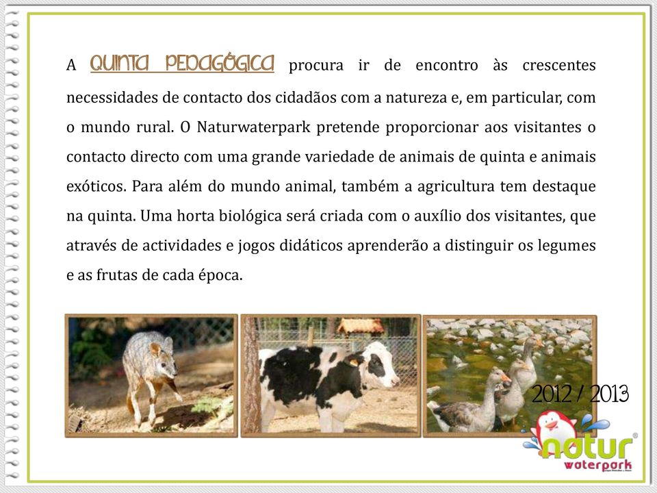 O Naturwaterpark pretende proporcionar aos visitantes o contacto directo com uma grande variedade de animais de quinta e animais