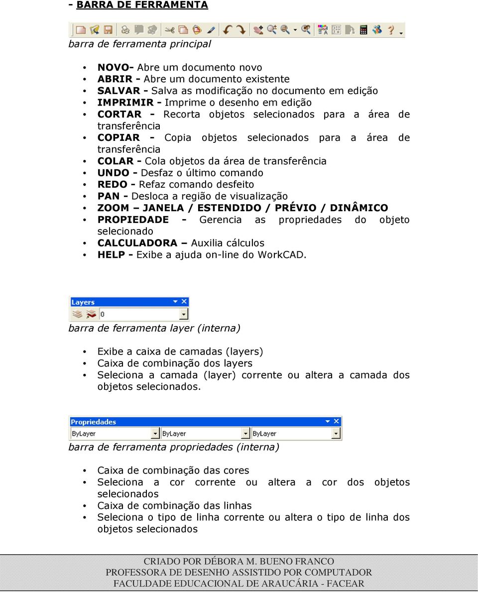 Desfaz o último comando REDO - Refaz comando desfeito PAN - Desloca a região de visualização ZOOM JANELA / ESTENDIDO / PRÉVIO / DINÂMICO PROPIEDADE - Gerencia as propriedades do objeto selecionado