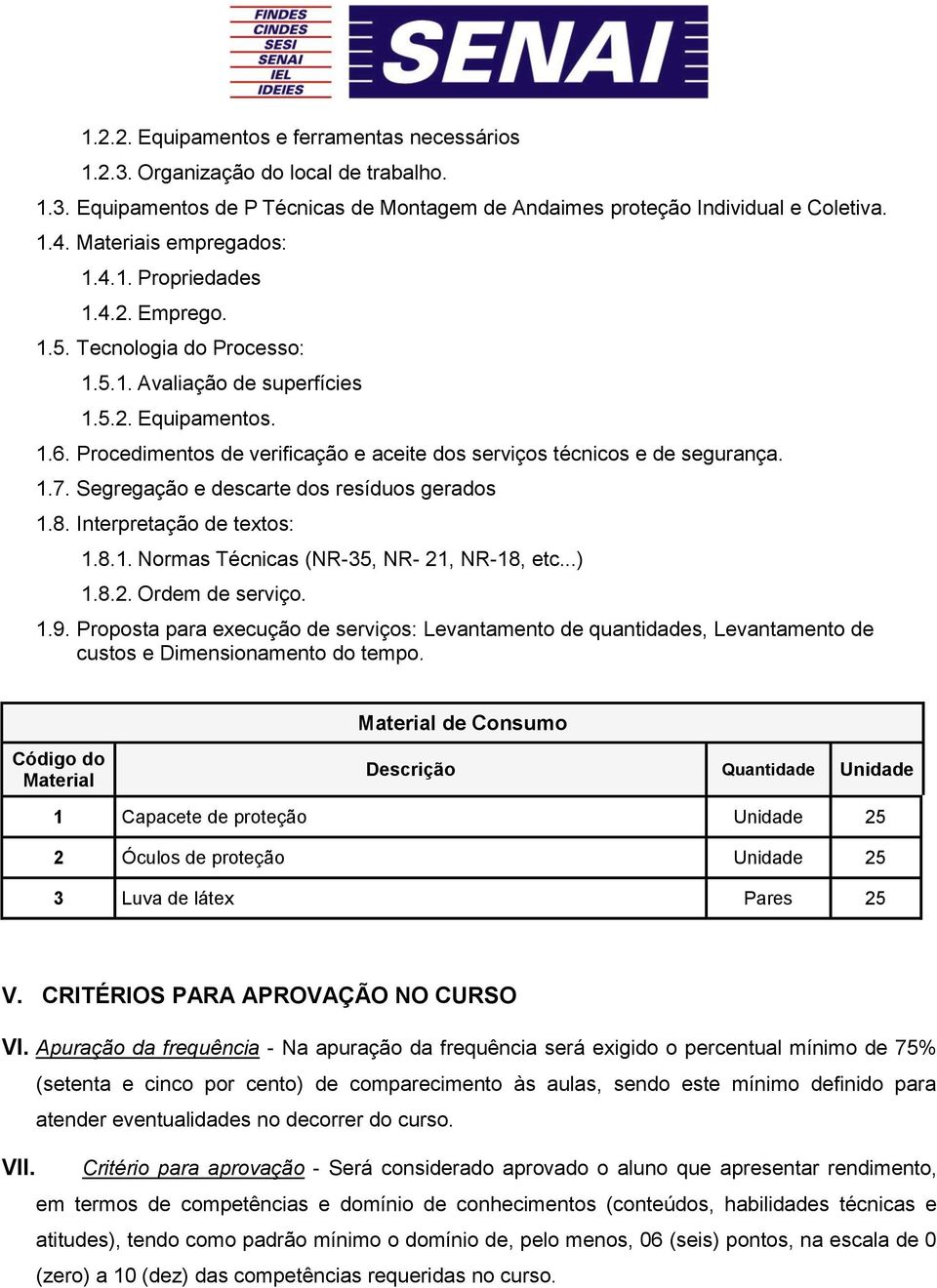 Procedimentos de verificação e aceite dos serviços técnicos e de segurança. 1.7. Segregação e descarte dos resíduos gerados 1.8. Interpretação de textos: 1.8.1. Normas Técnicas (NR-35, NR- 21, NR-18, etc.