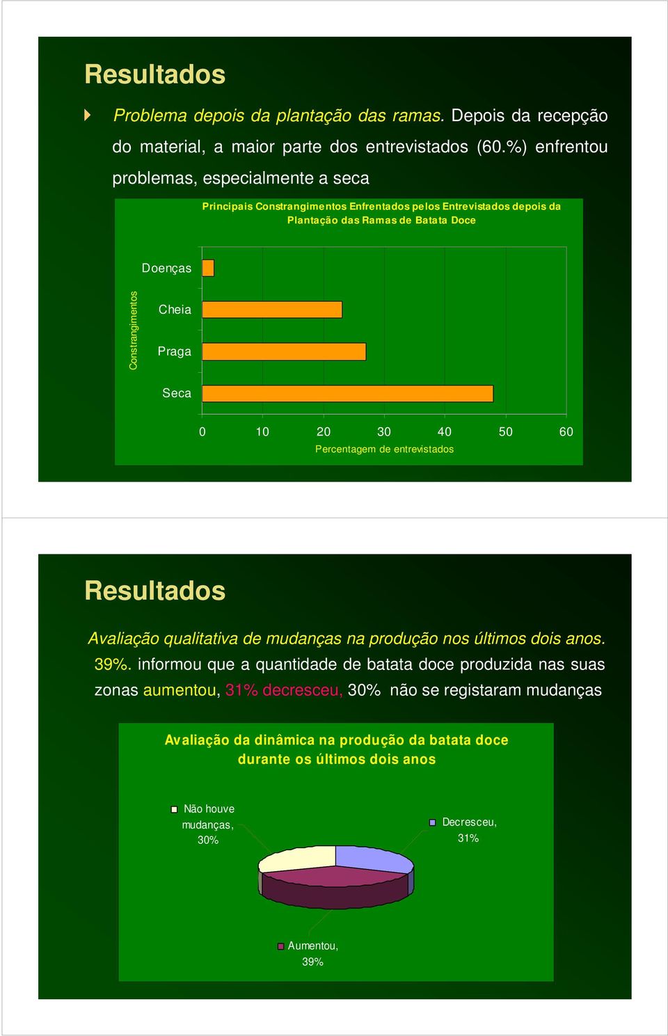 Cheia Praga Seca 0 10 20 30 40 50 60 Percentagem de entrevistados Resultados Avaliação qualitativa de mudanças na produção nos últimos dois anos. 39%.