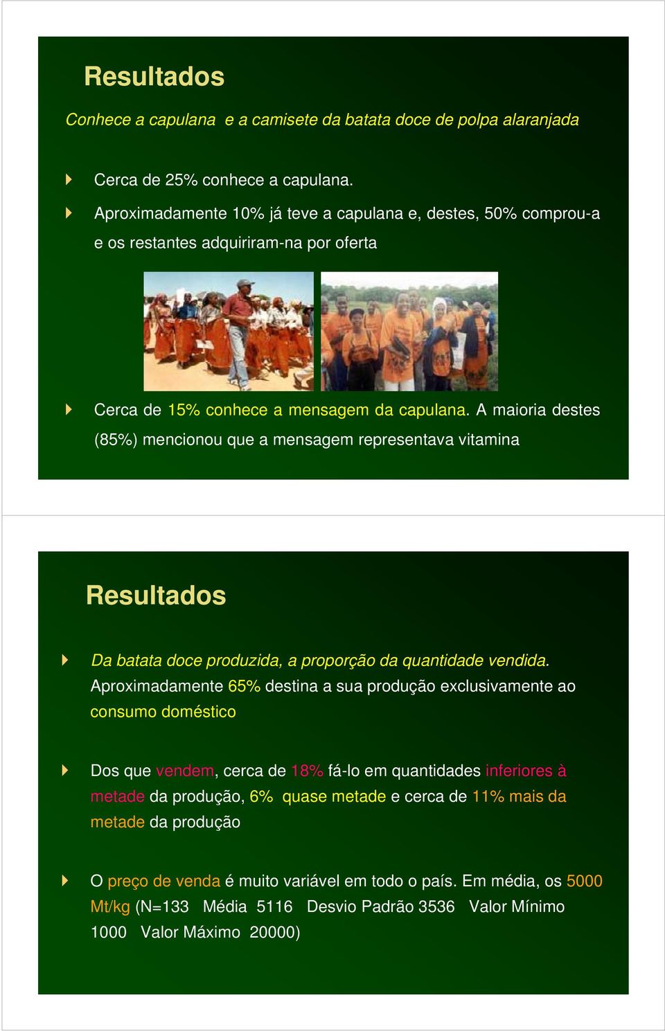 A maioria destes (85%) mencionou que a mensagem representava vitamina Resultados Da batata doce produzida, a proporção da quantidade vendida.