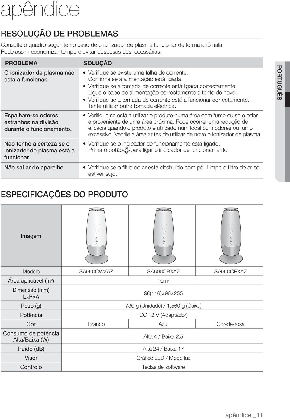 Não sai ar do aparelho. SOLUÇÃO Verifique se existe uma falha de corrente. Confirme se a alimentação está ligada. Verifique se a tomada de corrente está ligada correctamente.