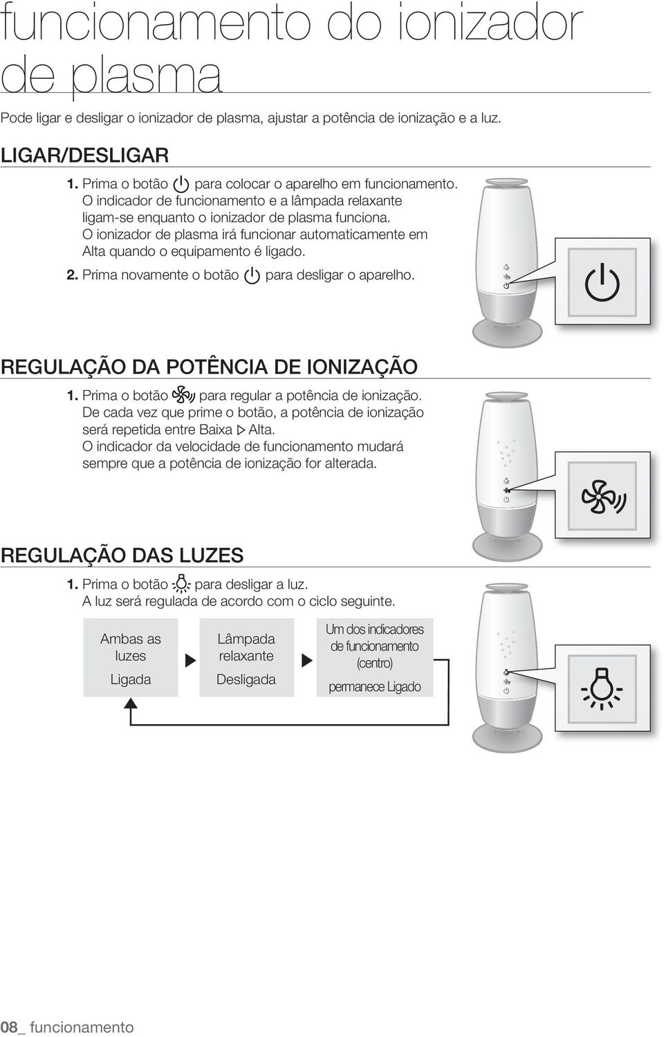 Prima novamente o botão para desligar o aparelho. REGULAÇÃO DA POTÊNCIA DE IONIZAÇÃO 1. Prima o botão para regular a potência de ionização.