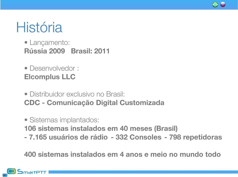 Sistemas implantados: 106 sistemas instalados em 40 meses (Brasil) - 7.