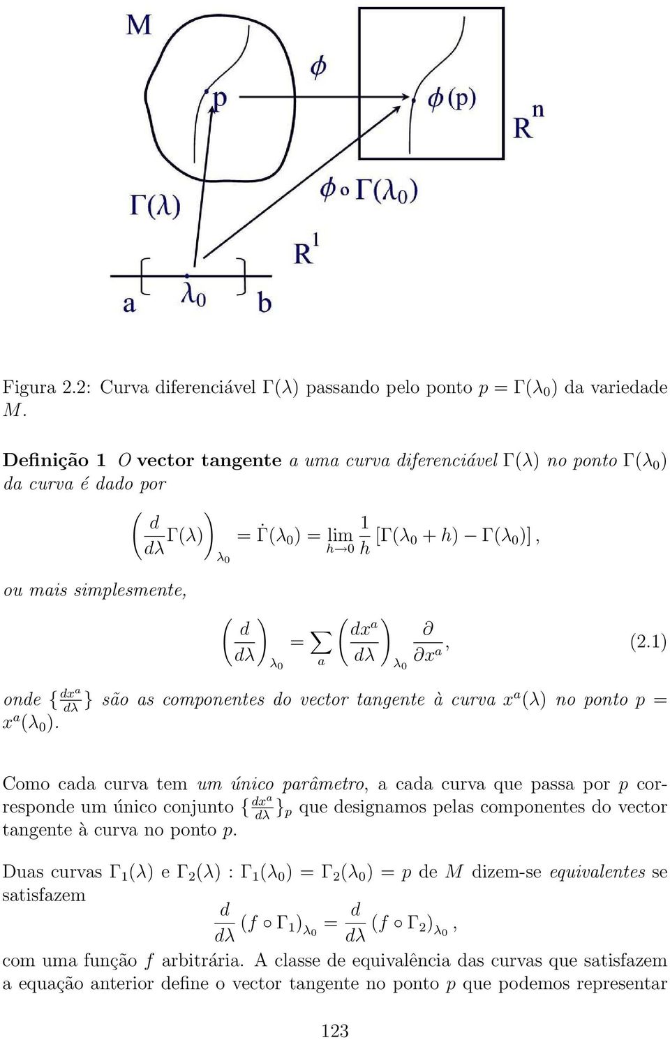 a ( ) dx a dλ λ 0 x a, (2.1) onde { dxa dλ } são as componentes do vector tangente à curva xa (λ) no ponto p = x a (λ 0 ).