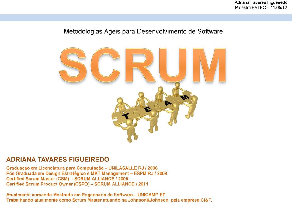 Master (CSM) - SCRUM ALLIANCE / 2009 Certified Scrum Product Owner (CSPO) SCRUM ALLIANCE / 2011 Atualmente cursando
