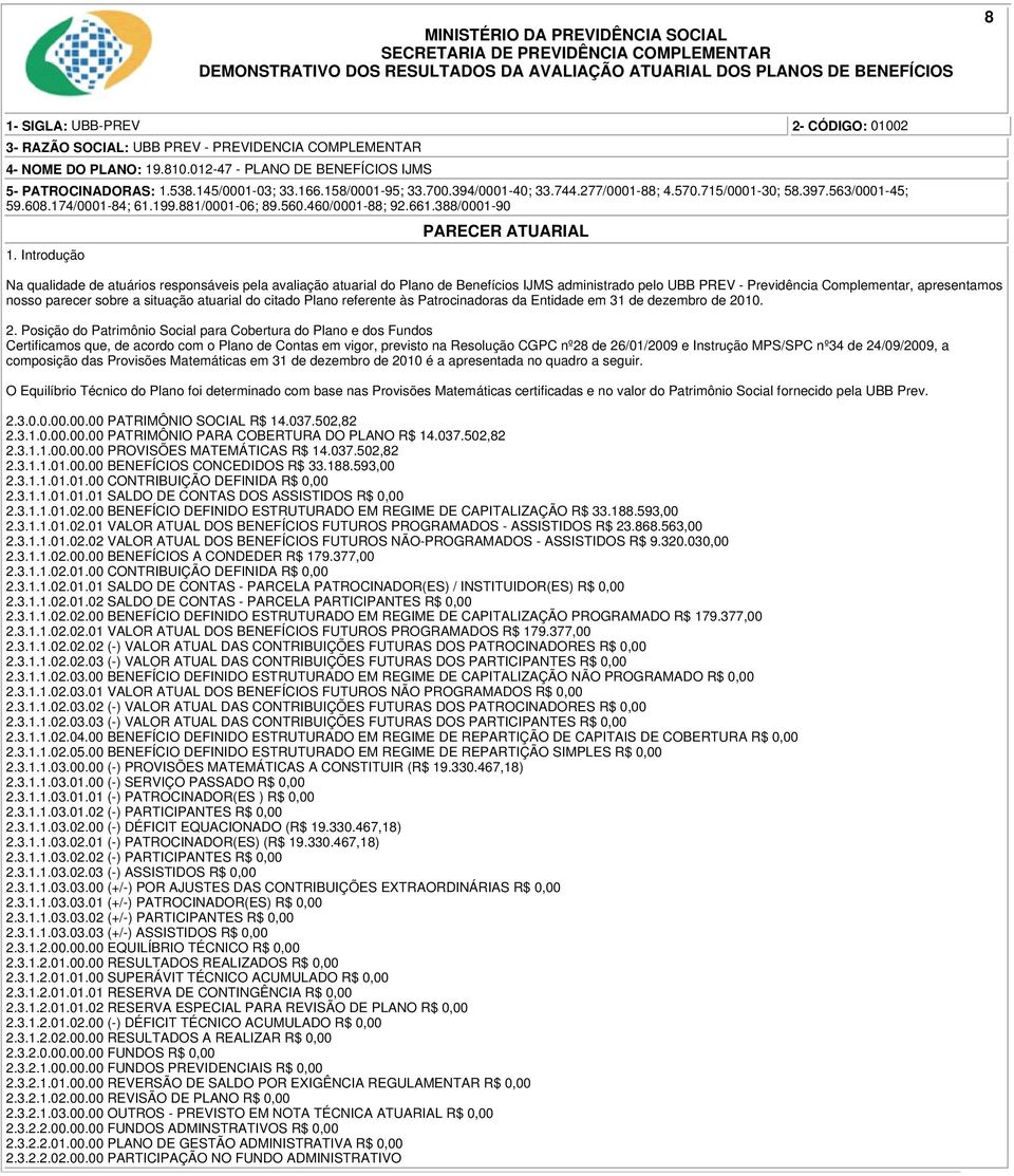 atuarial do citado Plano referente às Patrocinadoras da Entidade em 31 de dezembro de 20