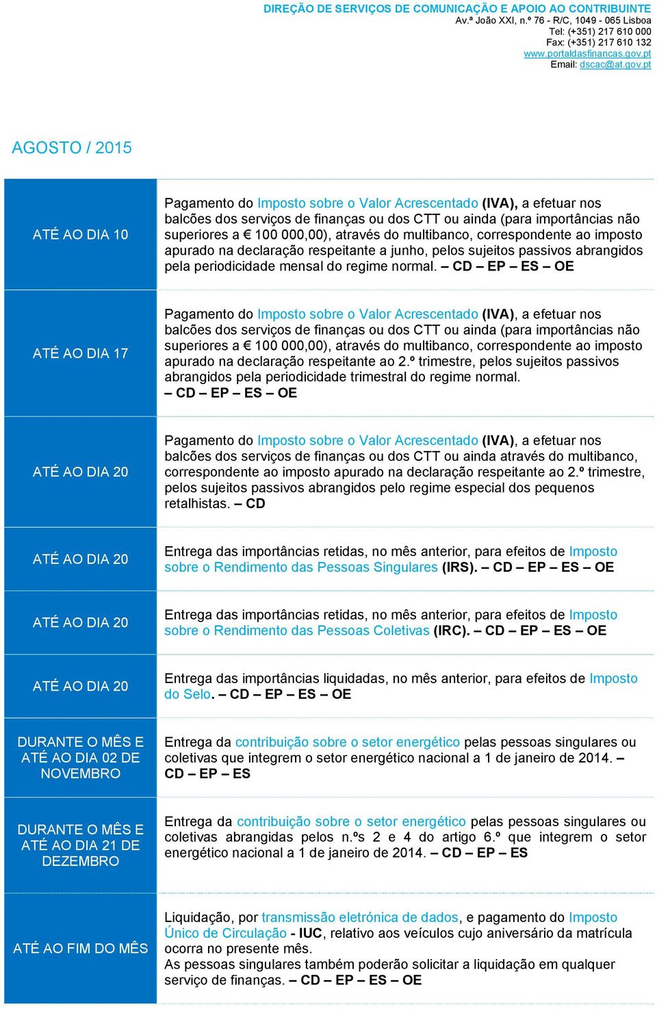 ATÉ AO DIA 17 balcões dos serviços de finanças ou dos CTT ou ainda (para importâncias não superiores a 100 000,00), através do multibanco, correspondente ao imposto apurado na declaração respeitante