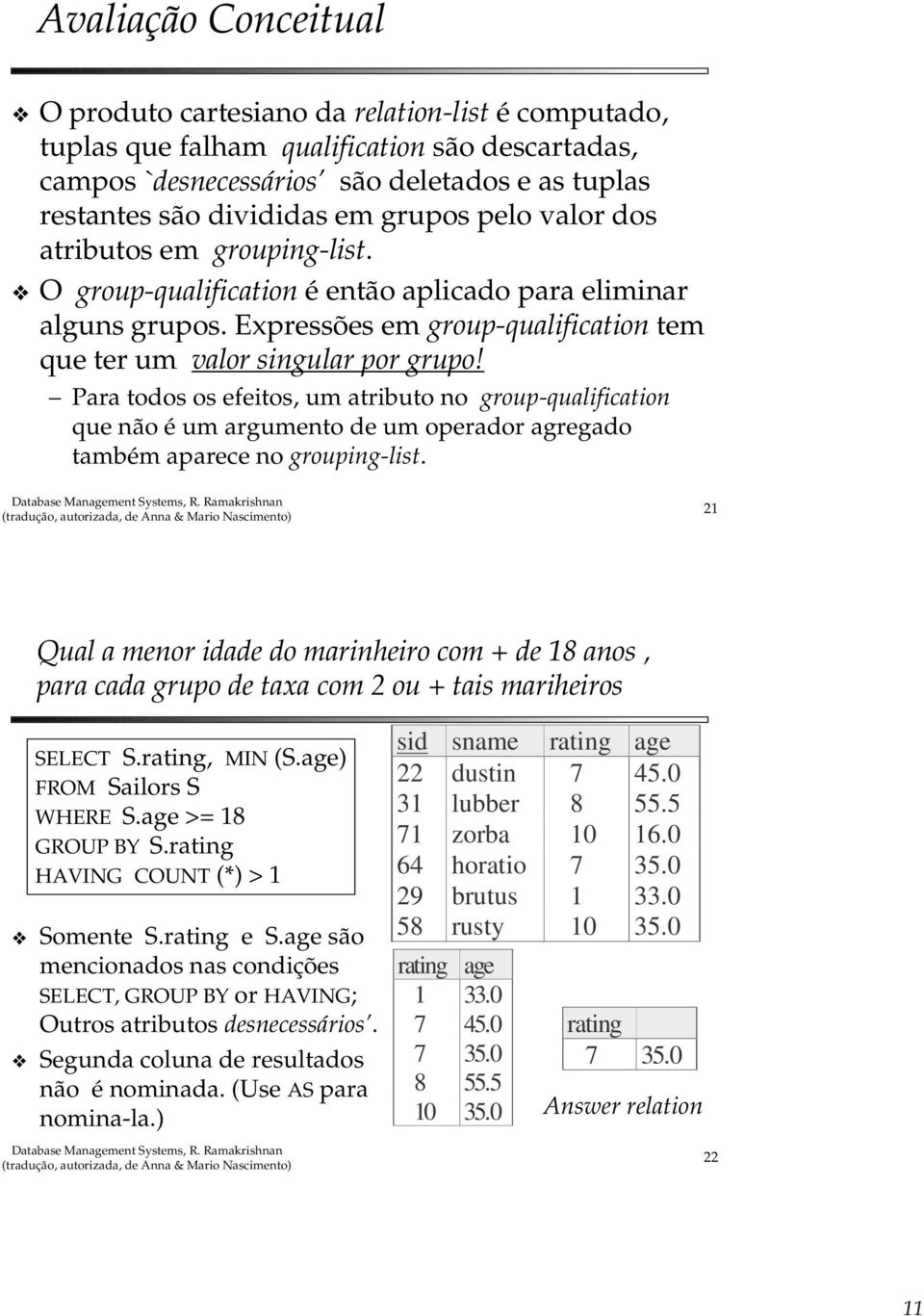 Para todos os efeitos, um atributo no group-qualification que não é um argumento de um operador agregado também aparece no grouping-list.