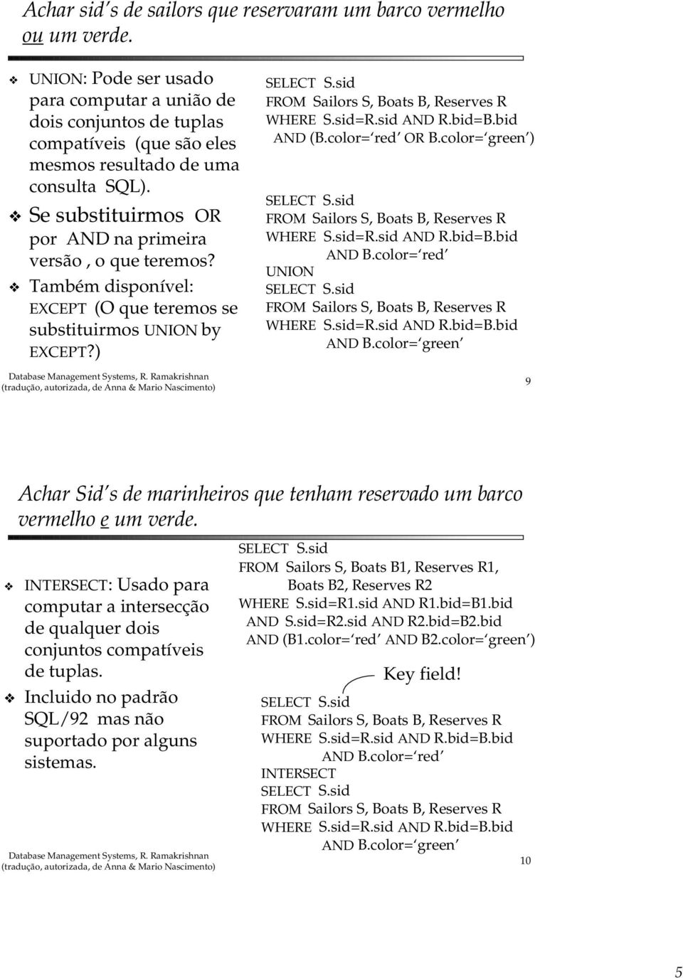 Também disponível: EXCEPT (O que teremos se substituirmos UNION by EXCEPT?) SELECT S.sid, Boats B, Reserves R WHERE S.sid=R.sid AND R.bid=B.bid AND (B.color= red OR B.color= green ) SELECT S.