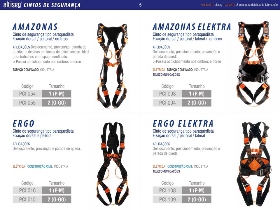 >Possui acolchoamento nos ombros e dorso ESPAÇO CONFINADO INDÚSTRIA A M A Z O N A S E L E K T R A Cinto de segurança tipo paraquedista Fixação dorsal / peitoral / lateral / ombros APLICAÇÕES