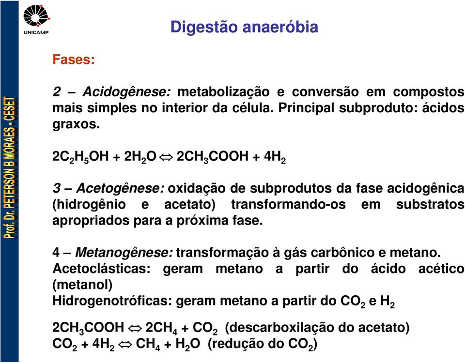 apropriados para a próxima fase. 4 Metanogênese: transformação à gás carbônico e metano.