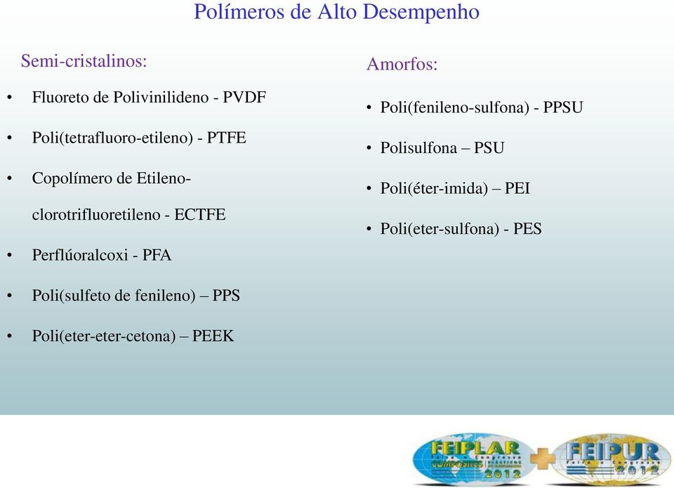 Perflúoralcoxi - PFA Amorfos: Poli(fenileno-sulfona) - PPSU Polisulfona PSU