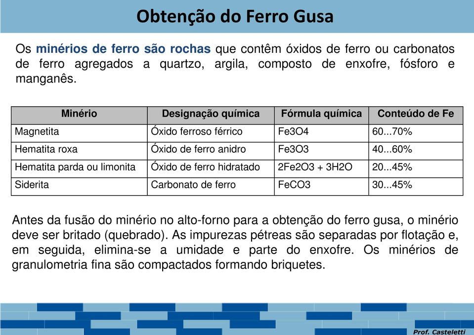 ..60% Hematita parda ou limonita Óxido de ferro hidratado 2Fe2O3 + 3H2O 20...45% Siderita Carbonato de ferro FeCO3 30.