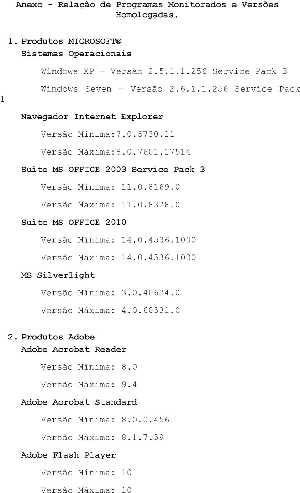 1000 Versão Máxima: 14.0.4536.1000 MS Silverlight Versão Mínima: 3.0.40624.0 Versão Máxima: 4.0.60531.0 2. Produtos Adobe Adobe Acrobat Reader Versão Mínima: 8.0 Versão Máxima: 9.