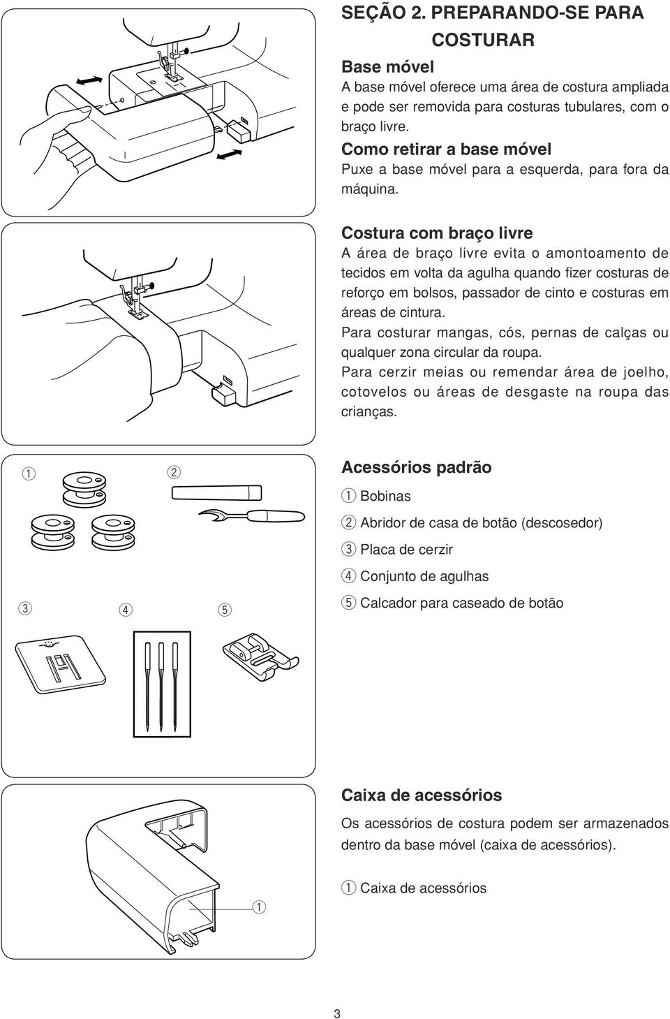 Costura com braço livr A ára d braço livr vita o amontoamnto d tcidos m volta da agulha uando fizr costuras d rforço m bolsos, passador d cinto costuras m áras d cintura.