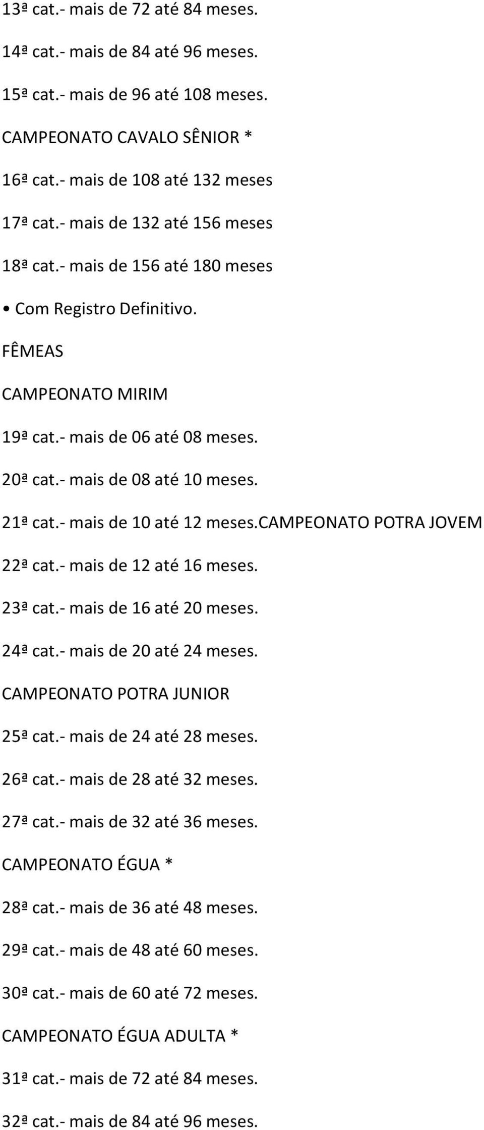 campeonato POTRA JOVEM 22ª cat.- mais de 12 até 16 meses. 23ª cat.- mais de 16 até 20 meses. 24ª cat.- mais de 20 até 24 meses. CAMPEONATO POTRA JUNIOR 25ª cat.- mais de 24 até 28 meses. 26ª cat.