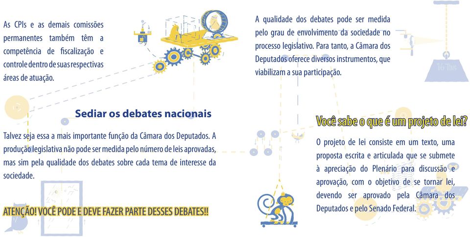 Para tanto, a Câmara dos Deputados oferece diversos instrumentos, que viabilizam a sua participação. Sediar os debates nacionais Talvez seja essa a mais importante função da Câmara dos Deputados.